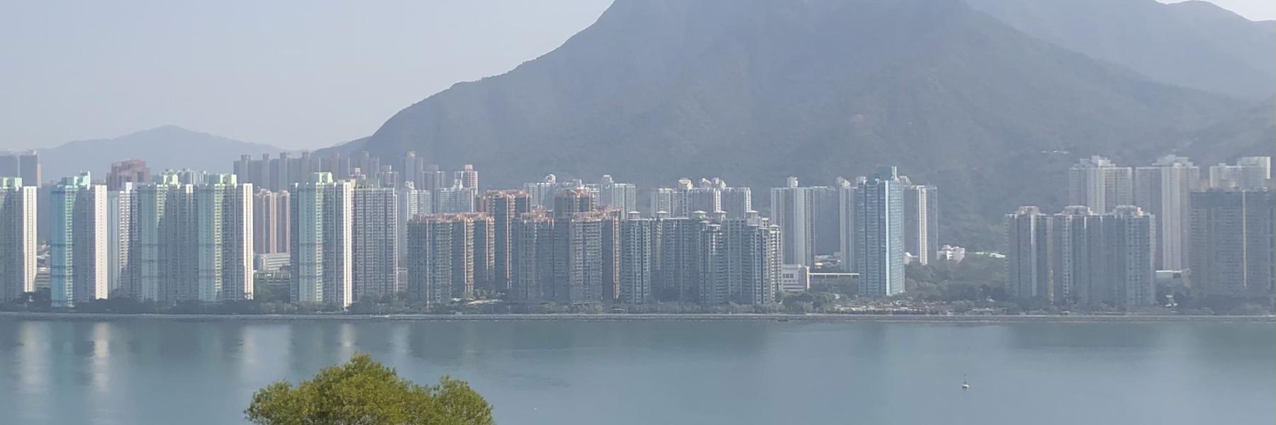 Panoramabillede med Hong Kong i forgrunden og bjergene i baggrunden